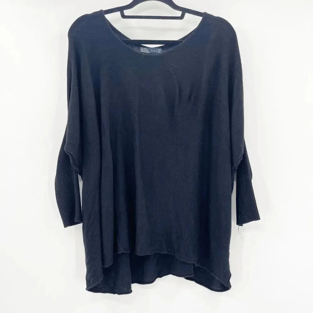 Zara Dolman Sweater Women's Size S/M Black Scoop Neck Ribbed Trim Long Sleeve Fl